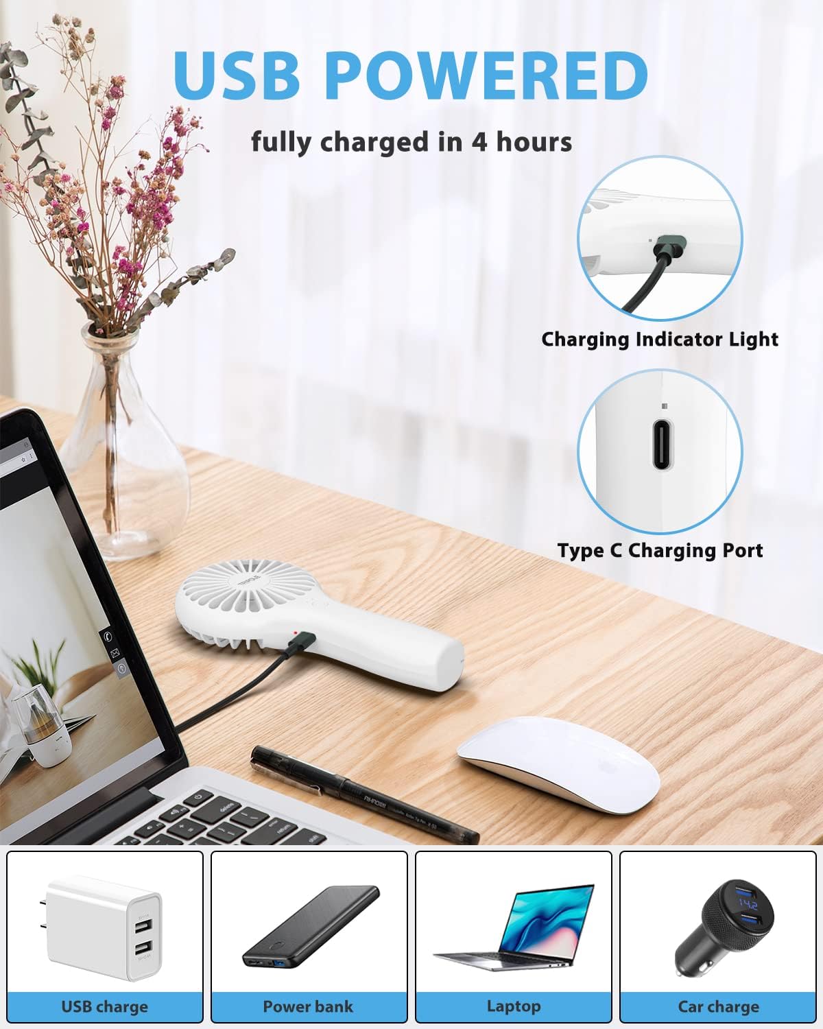 TriPole Handheld Fan 5000 mAh Battery Operated Mini Fan Portable Small Personal Fans with Powerful Wind USB Rechargeable Eyelash Fans for Makeup Girls Kids Women Summer Wedding Outdoor Travel, White