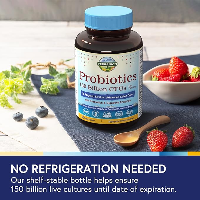 Terranics Daily Probiotics for Men & Women, 150 Billion 25 Strains Colon Care Probiotics, with Prebiotics & Enzymes, Healthy Regularity, Delayed Release, Shelf Stable, 60 Veggie Caps