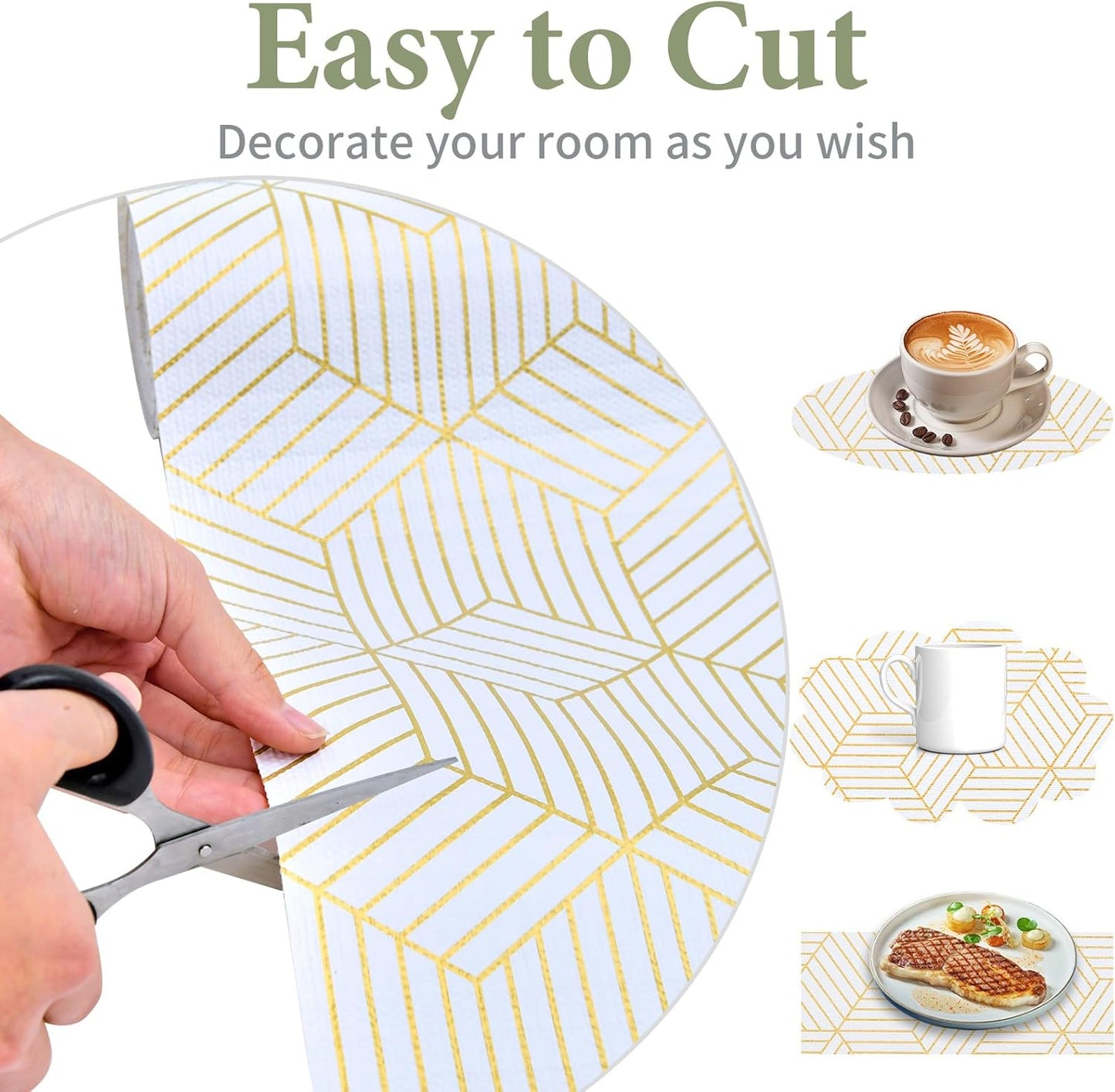 Shelf Liners for Kitchen Cabinets 35.4 in X 39.5 Ft, Non Adhesive Cabinet Liner Strong Non-Slip Thickened Gold Geometric Drawer Liner, Easy to Clean for Shelf, Cabinet with Knife and Tape Measure