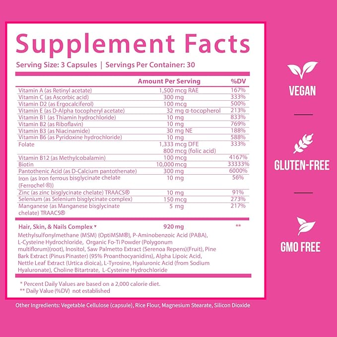 GoBiotix Hair Skin and Nails Vitamin Supplement - Biotin Pills with Hyaluronic Acid, Folate, Iron, Magnesium, and Zinc - Collagen Production, Hair Growth