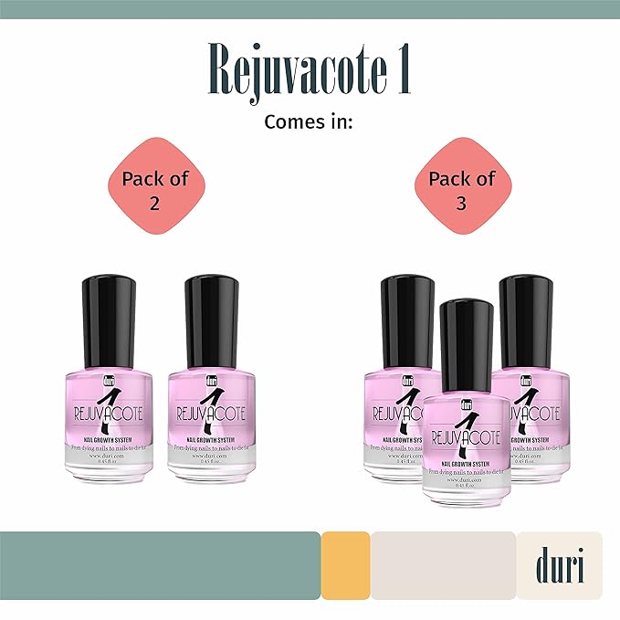 duri Rejuvacote 1 Nail Growth System - Original Maximum Strength Formula - Nail Strengthener and Nail Growth - Base and Top Coat - Pack of 2 - 0.45 fl. oz.