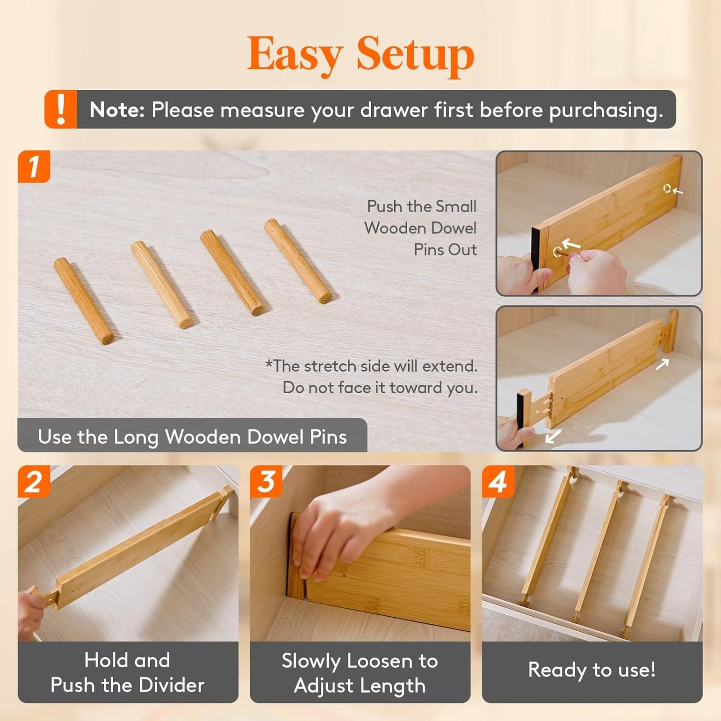 Lifewit 5 Pack 4" High Bamboo Drawer Dividers, 17-21.5" Adjustable Drawer Organizers for Clothes, Wood Dresser Drawer Divider, Expandable Deep Drawer Separators for Dresser, Kitchen, Bedroom, Bathroom