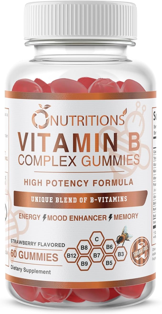 O NUTRITIONS Vitamin B Complex Vegan Gummies with Vitamin B12, B7 as Biotin, B6, B3 as Niacin, B5, B6, B8, B9 as Folate for Stress, Energy and Healthy Immune System (1 Pack -Sugar Free)