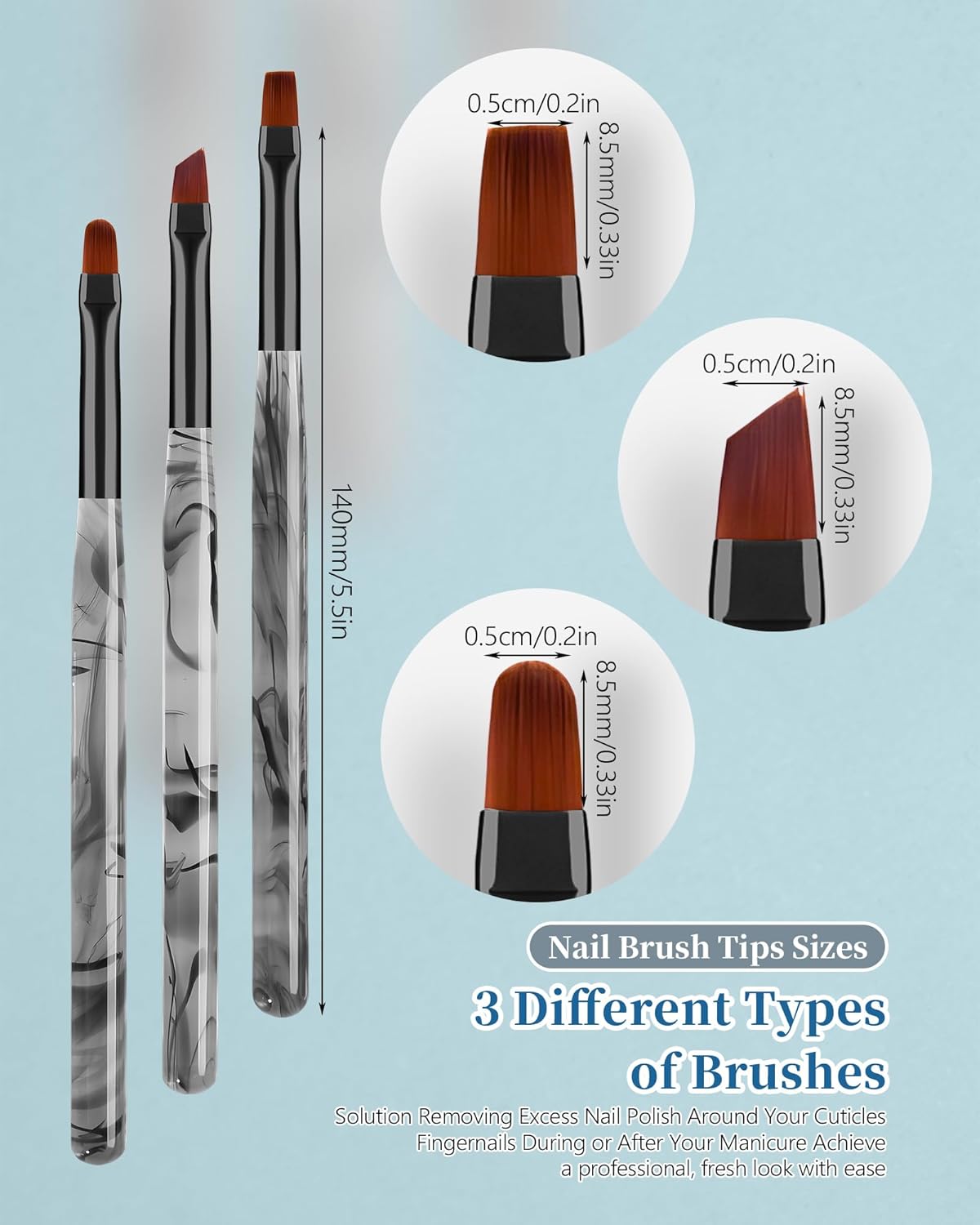 3PCS Nail Polish Clean Up Brush, Round&Falt&Angled Acetone Resistant Nail Brush for OPI Nail Polish Remover, Fingernail Cleaning Brushes at Home Nail Art and Designs(INk Black)