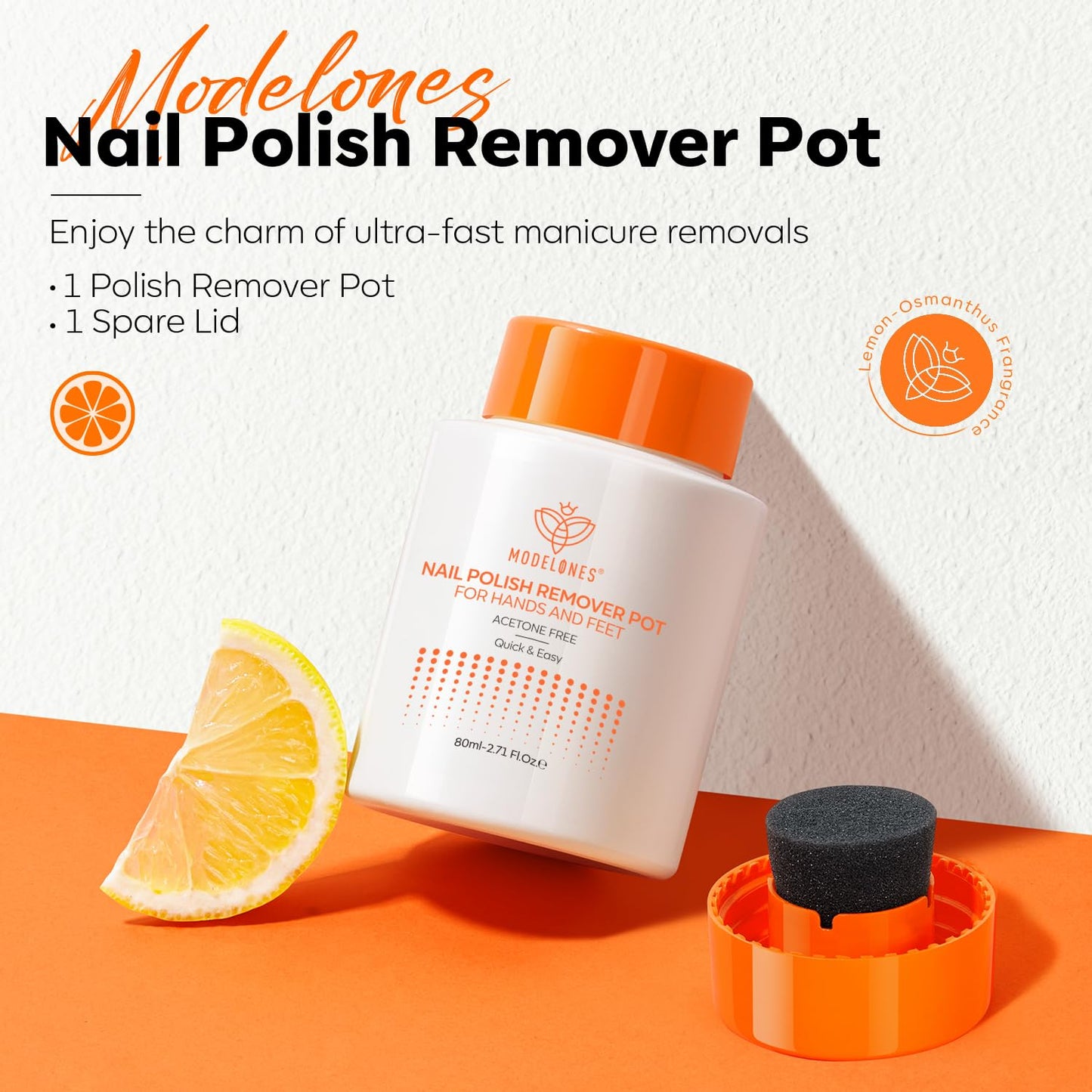 Modelones Acetone-Free Non-Drying Nail Polish Remover Pot with Jojoba Oil and Extra Sponge-Top Lid, Fingernail Polish Removal Gentle Formula for Salon & Home Nail Art 2.71 Fl Oz