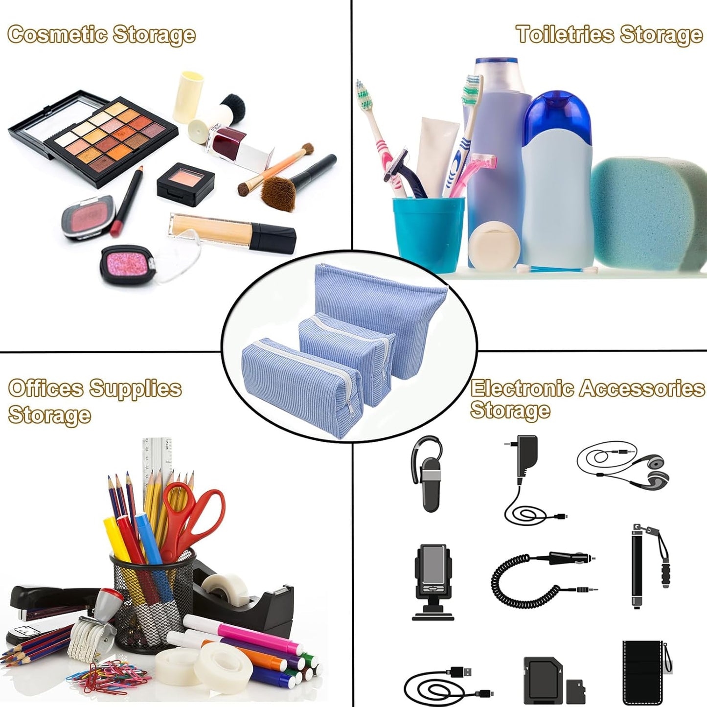 3 Pieces Makeup Bag Cosmetic Bag,Blue Small Zipper Pouch,Corduroy Makeup Purse Pouch,Cute Mini MakeUp Pouch,Cute Preppy Aesthetic Stuff for Girls