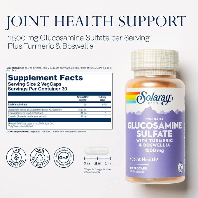 SOLARAY Glucosamine Sulfate 1500mg, Healthy Joint 60-Day Money 30 Serv, 60 VegCaps