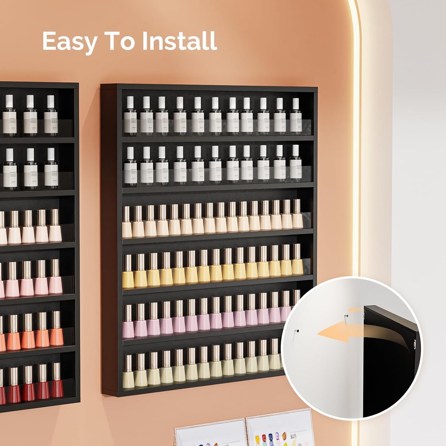 OmySalon 6 Layers/ 10 Layers Nail Polish Rack, Wall Mount Nail Polish Organizer w/Acrylic Baffle, Salon Display Rack for Home Spa & Nail Studio (Black, 6-Tier (Fully Assembled))