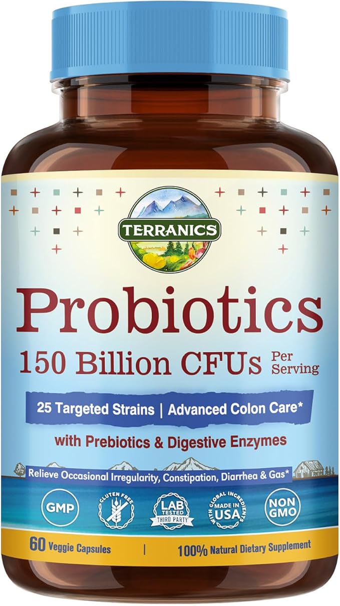 Terranics Daily Probiotics for Men & Women, 150 Billion 25 Strains Colon Care Probiotics, with Prebiotics & Enzymes, Healthy Regularity, Delayed Release, Shelf Stable, 60 Veggie Caps