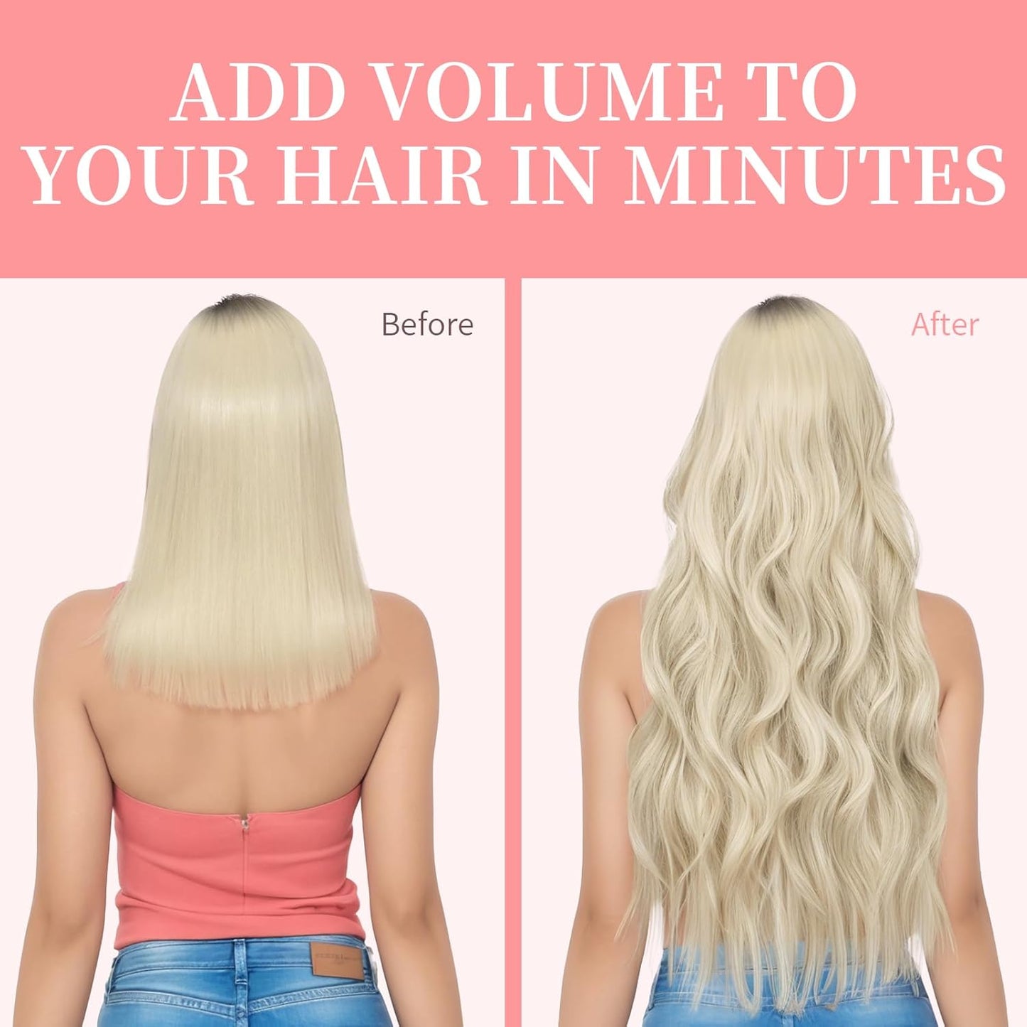 KooKaStyle Clip in Synthetic Hair Extensions Long Wavy 4PCS Thick Hairpieces Platinum Blonde Fiber Double Weft Natural Hair Extensions 20 Inch for Women