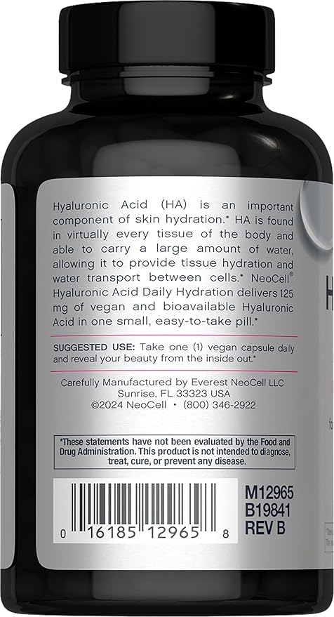 NeoCell Hyaluronic Acid, Daily Hydration for Skin Hydration & Suppleness, 120mg, 60 Capsules (Package May Vary)