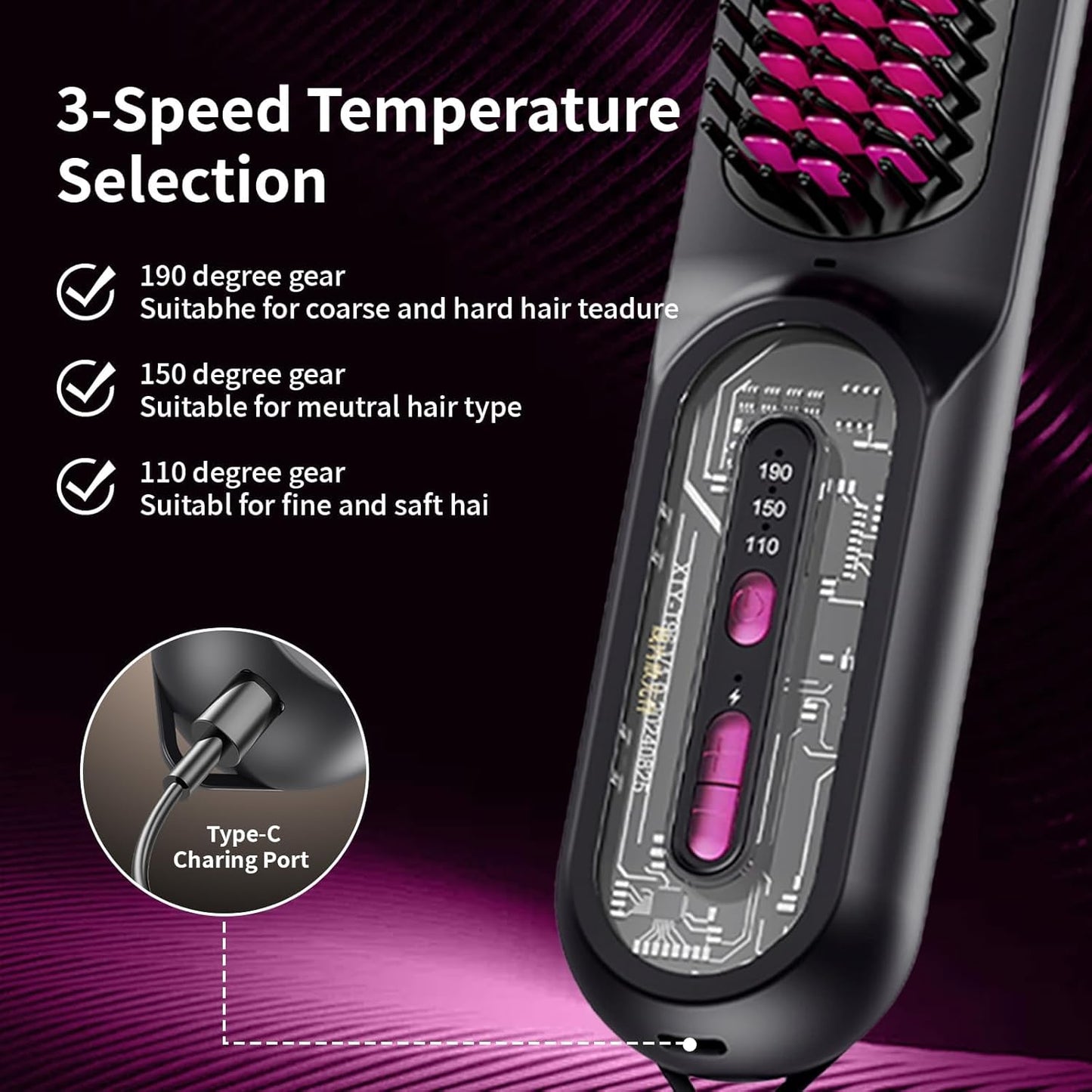 Travel Brush for Women, Portable Cordless Hair Straightener Brush, Mini Hair Straightener with 9600mAh Battery, Fast Charging & 100M Negative Ions - Cordless Portable Styler for On-The-Go (Black)