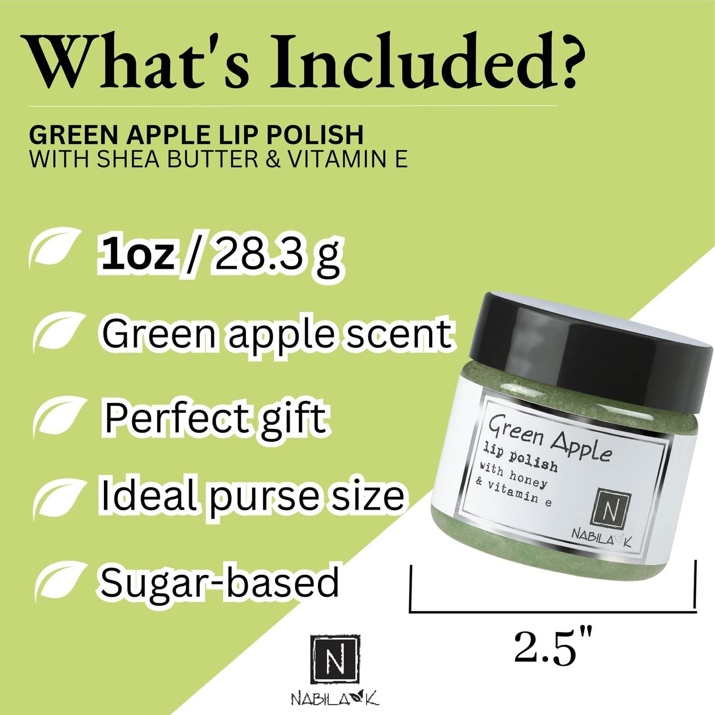 Green Apple Lip Polish, 1 oz by Nabila K - Hydrating Lip Exfoliator & Moisturizer with Honey and Vitamin E for Dry and Chapped Lips - Cruelty-Free, Real Sugar, Made in USA