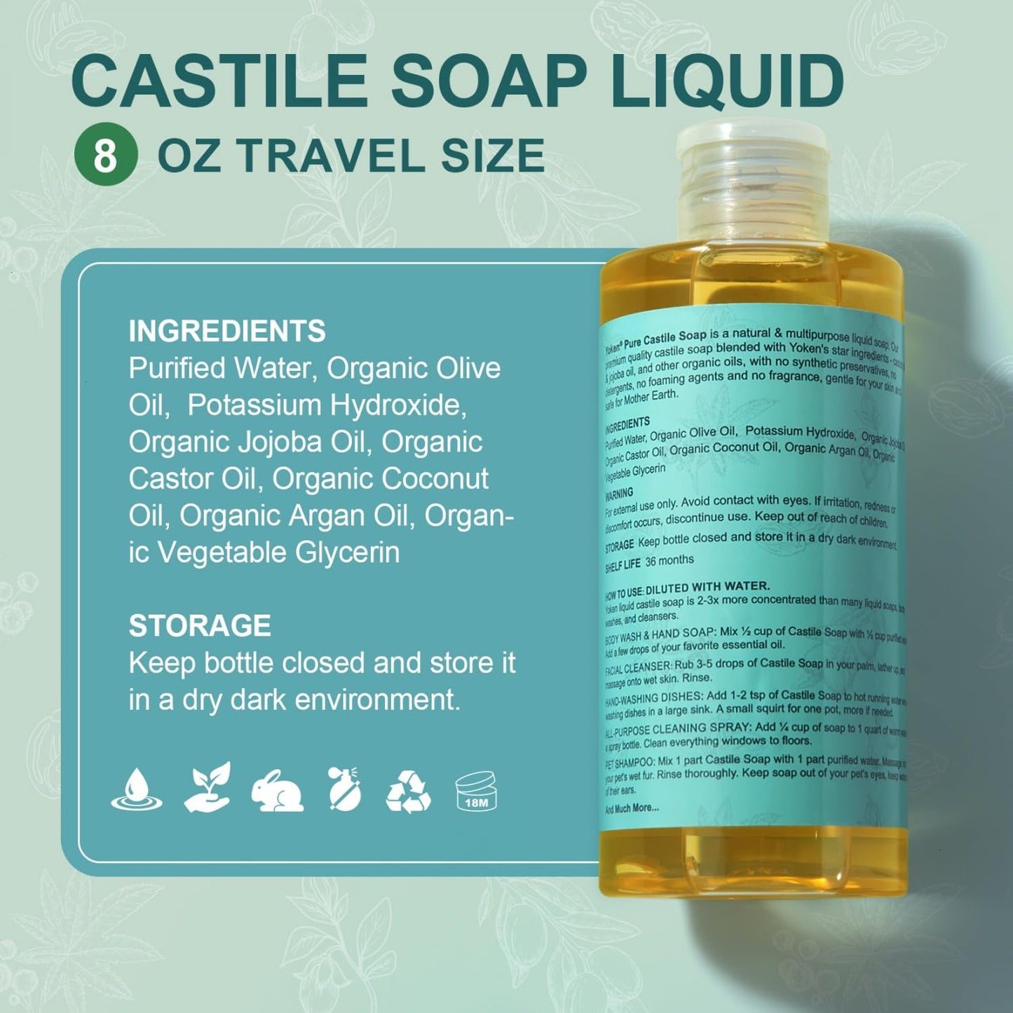Pure Castile Liquid Soap Organic (EWG Verified, Unscented, 8 OZ), Made with Organic Oils, No Added Fragrance, Vegan, Castile Soap Liquid for Face, Laundry, Dishes, Sensitive Skin, Travel soaps