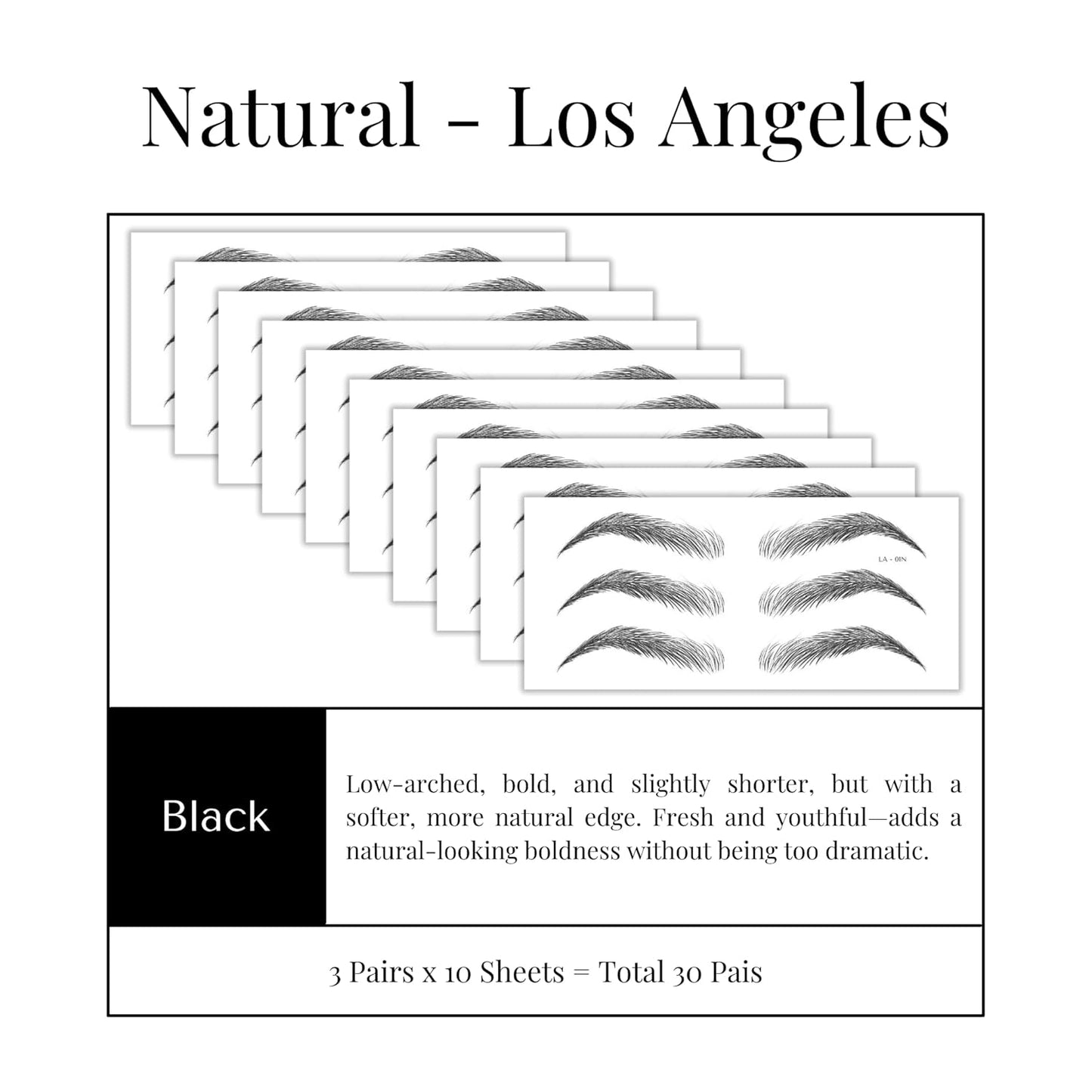 Bliss and Beyond USA Eyebrow Tattoo Stickers Waterproof – 30-Pair Deluxe Box | Realistic Hair-Like Temporary Brows for Alopecia, Cancer, and Hair Loss (Black, Natural Los Angeles)