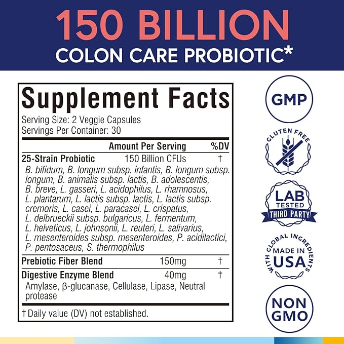 Terranics Daily Probiotics for Men & Women, 150 Billion 25 Strains Colon Care Probiotics, with Prebiotics & Enzymes, Healthy Regularity, Delayed Release, Shelf Stable, 60 Veggie Caps