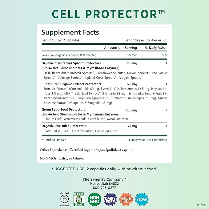 PURE SYNERGY Cell Protector | Cellular Health Supplement | Cell and Immune Support with Selenium and Organic Cruciferous Vegetables | for Healthy Aging & Detoxification (120 Capsules)