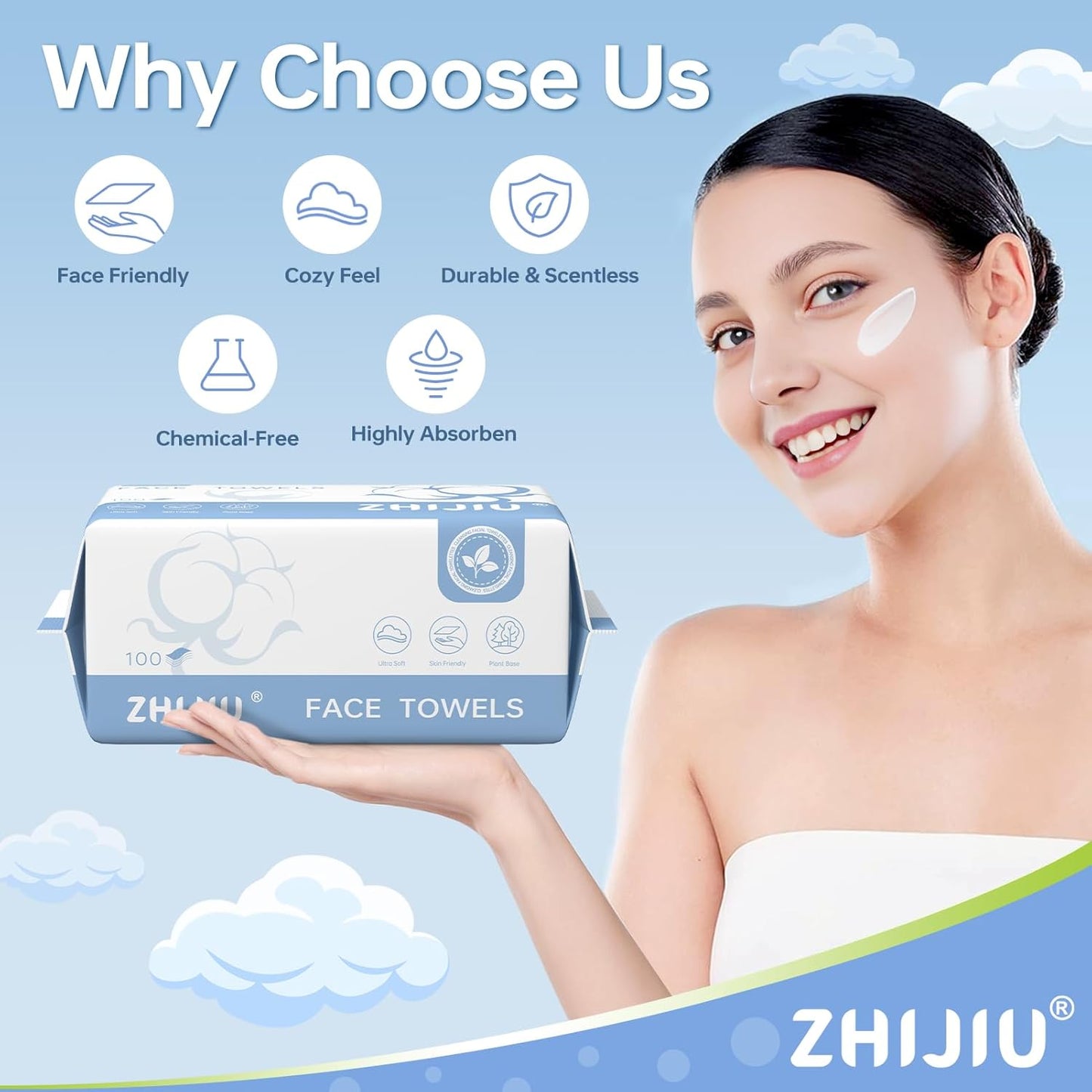 Disposable Face Towels 100 Count, Lint-Free Soft Cotton Facial Dry Wipes,8” x 8” Clean Facial Towels Wash Cloth for Sensitive Skin,Makeup Remover Dry Wipes