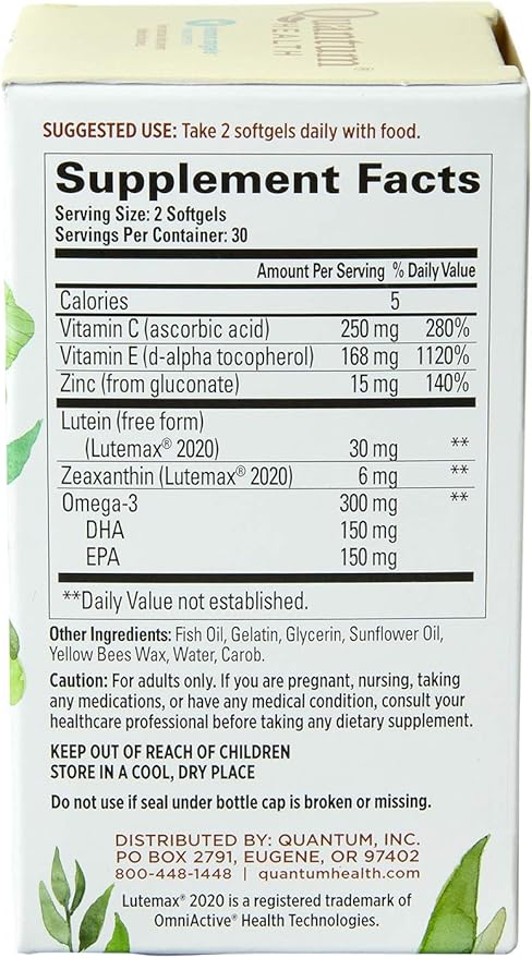 Quantum Health Macula 30+ Eye Health Omega-3, and E|60 Softgels, 30 Day