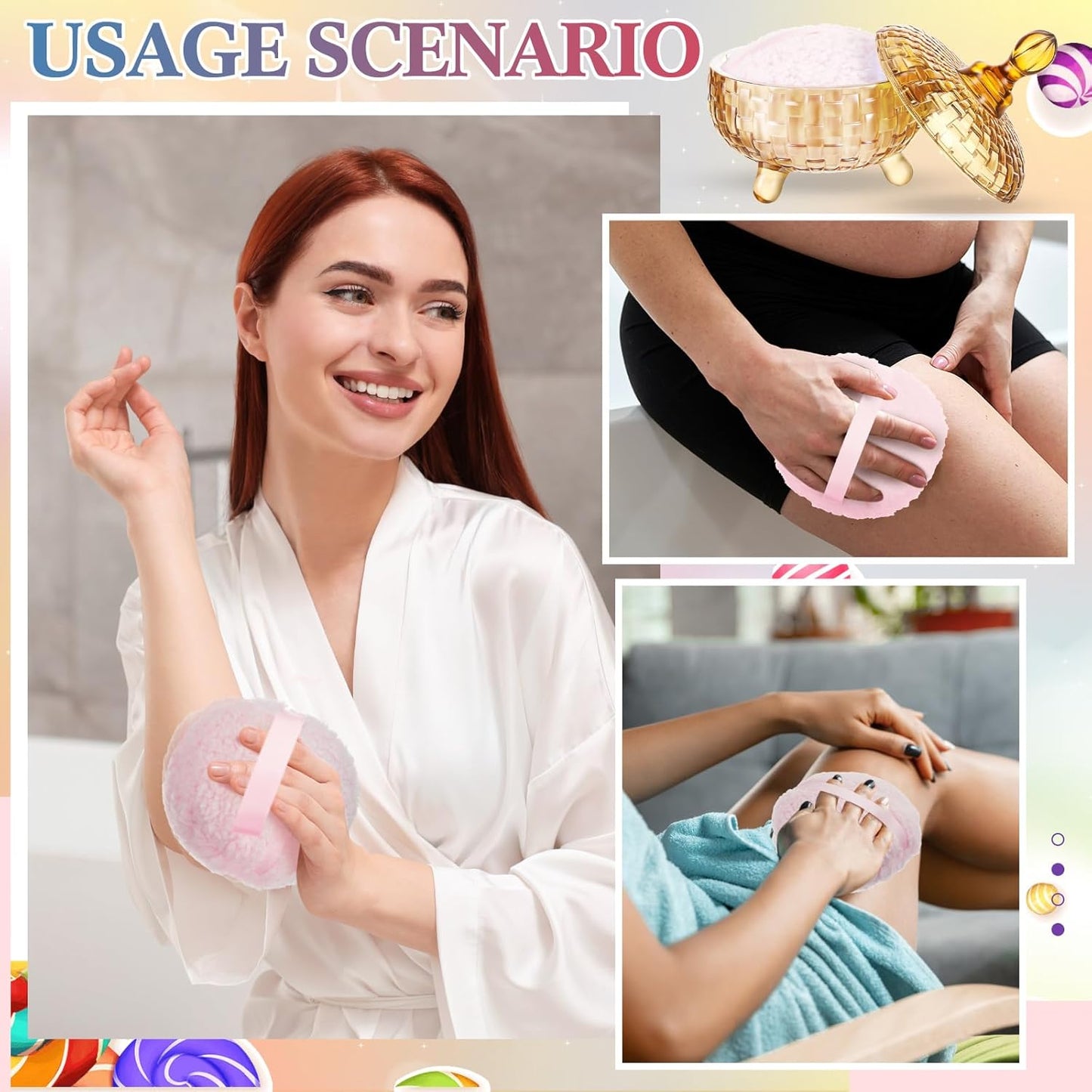 Tioncy 2 Pcs Extra Large Dusting Powder Puff and Container 6'' Body Powder Puff and Crystal Container for Women Soft Washable Reusable Velour Face(Amber)