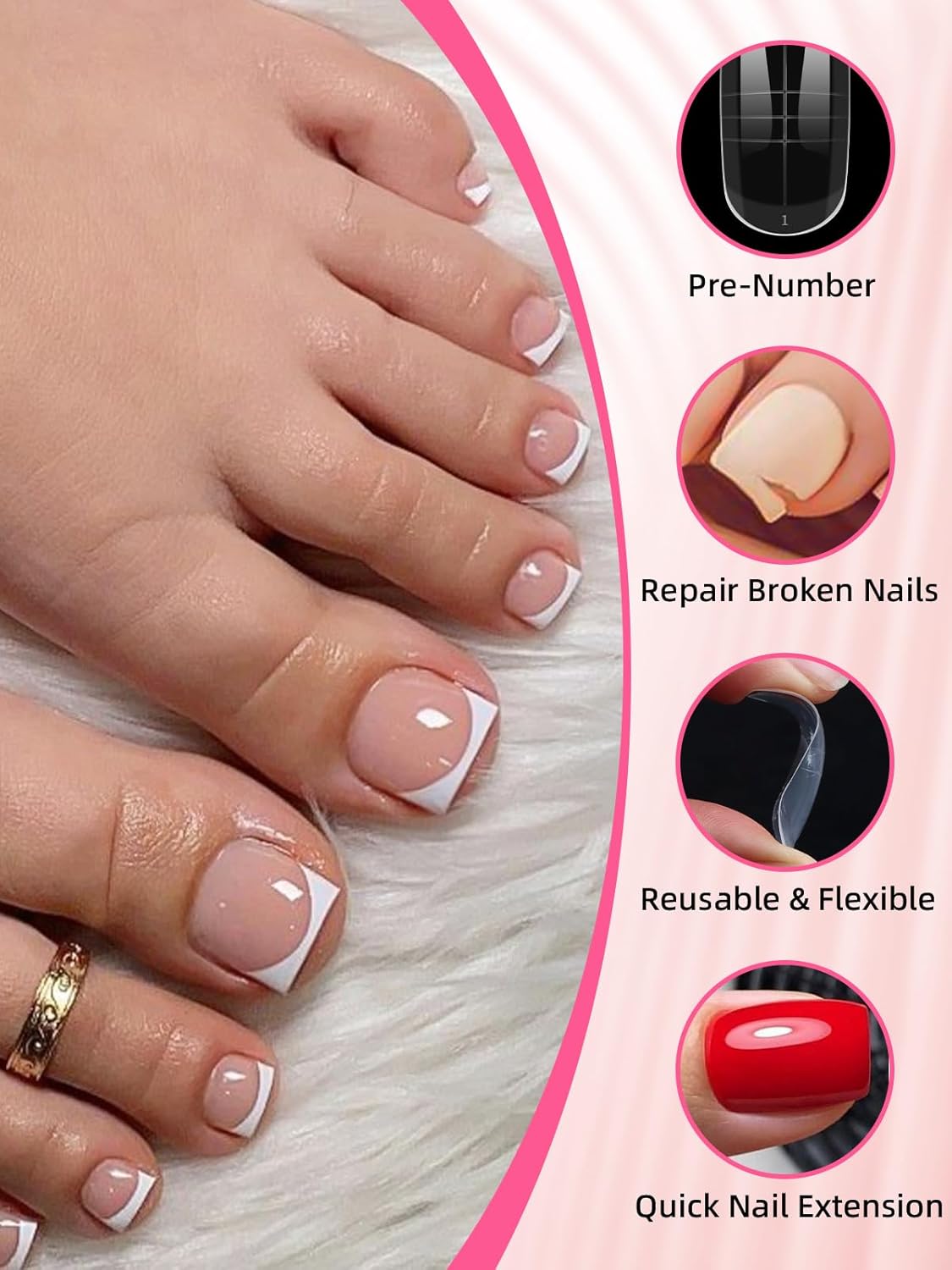 TOROKOM Poly Gel Nail Forms Kit for Toes - 150PCS Reusable Dual Toenail Forms for Builder Gel, Toe Nail Kit with 2.5oz Slip Solution, Brush, File, 5PCS Clips - 15 Sizes