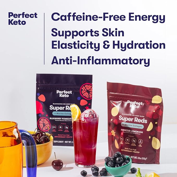 Perfect Keto Super Reds Superfood Powder, Antioxidants Supplement with Fruit & Vegetable Powder, Polyphenols & Marine Collagen, Drink Mix for Skin & Energy Support, Blueberry Pomegranate, 20 Servings