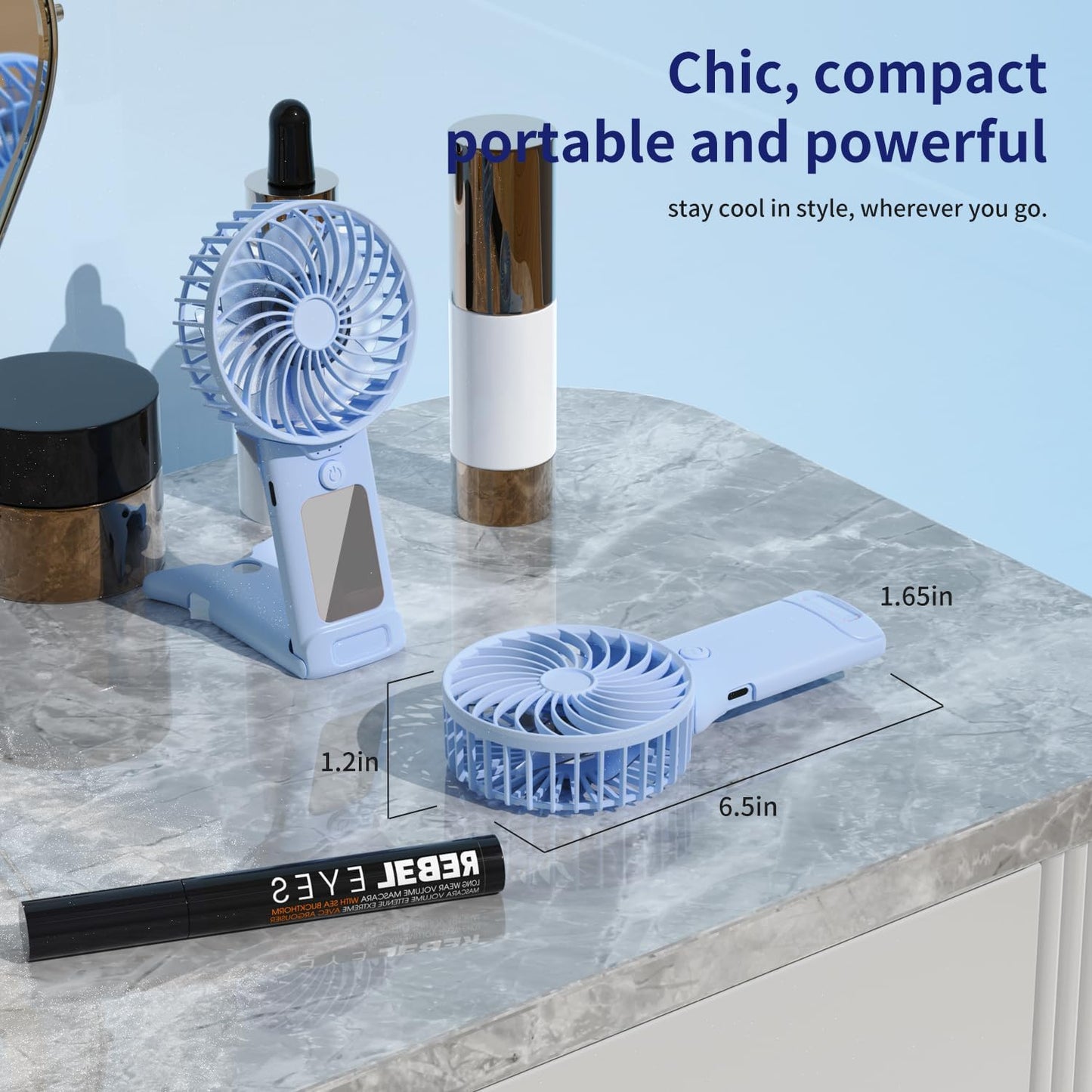 GEHEN Portable Pocket Fan, USB Rechargeable, Mini Fan with Mirror, 4 Gear Wind, Up to 15 Hours, Hand Fan with Powerful Cooling for Travel/Summer/Concerts/Lash, Gifts for Women(Blue)