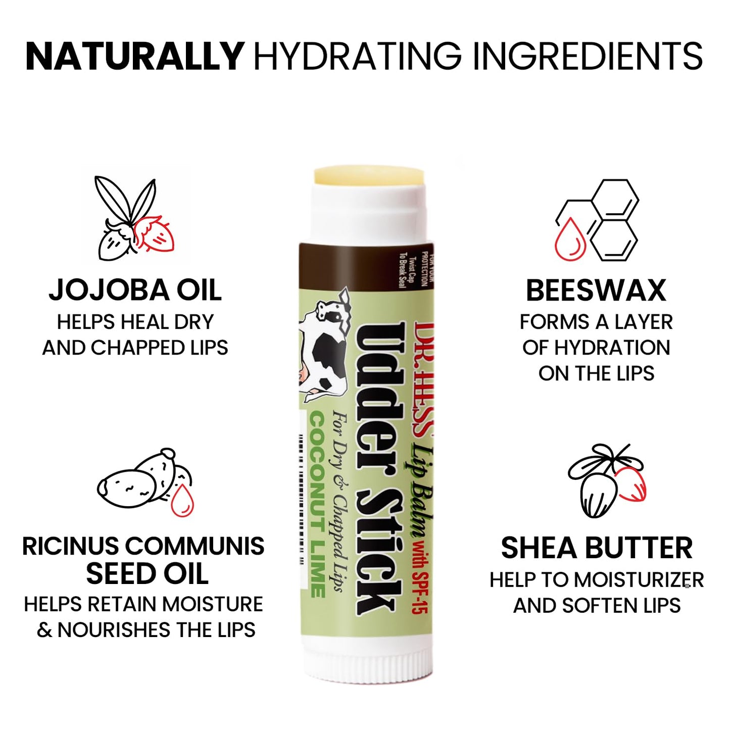 Dr. Hess Original Udder Stick SPF Lip Balm, Soothing Moisturizer Sun Screen Balm for Dry Lips with Jojoba, Beeswax & Shea Butter, Total Lip Care, Hydration & Repair, Coconut-Lime Flavor, 4 Pack