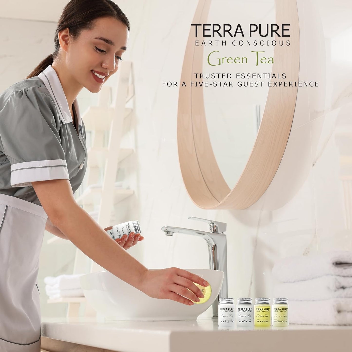 Terra Pure Hotel Soaps & Toiletries Bulk Set | 1-Shoppe Amenities Kit | 1oz Shampoo & Conditioner, Body Wash, Lotion, 1.25oz Bar Soap | Travel Size | 300 Pieces