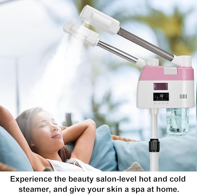 Professional Facial Steamer,2 in 1 Facial Steamers with Hot&Cool Mist, Height Adjustable Face Steamer, Pink Esthetician Steamer for Home Salon Spa