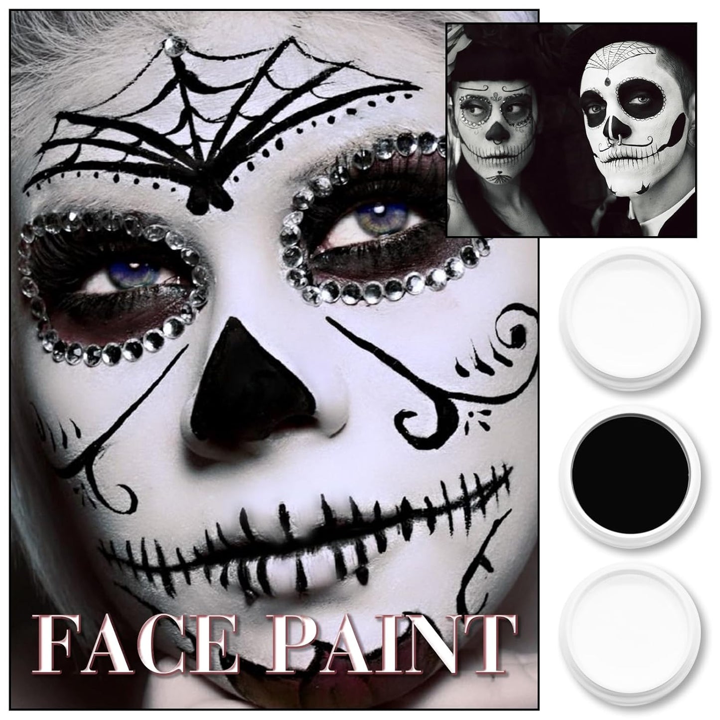 3-Piece Black White Face Paint Set (2 White, 1 Black) - 1.76 oz Each, Includes Sponge and Brushes, Professional SFX Makeup Kit for Halloween, Skeleton, Ghost, Skull Cosplay, Full Coverage Body Paints