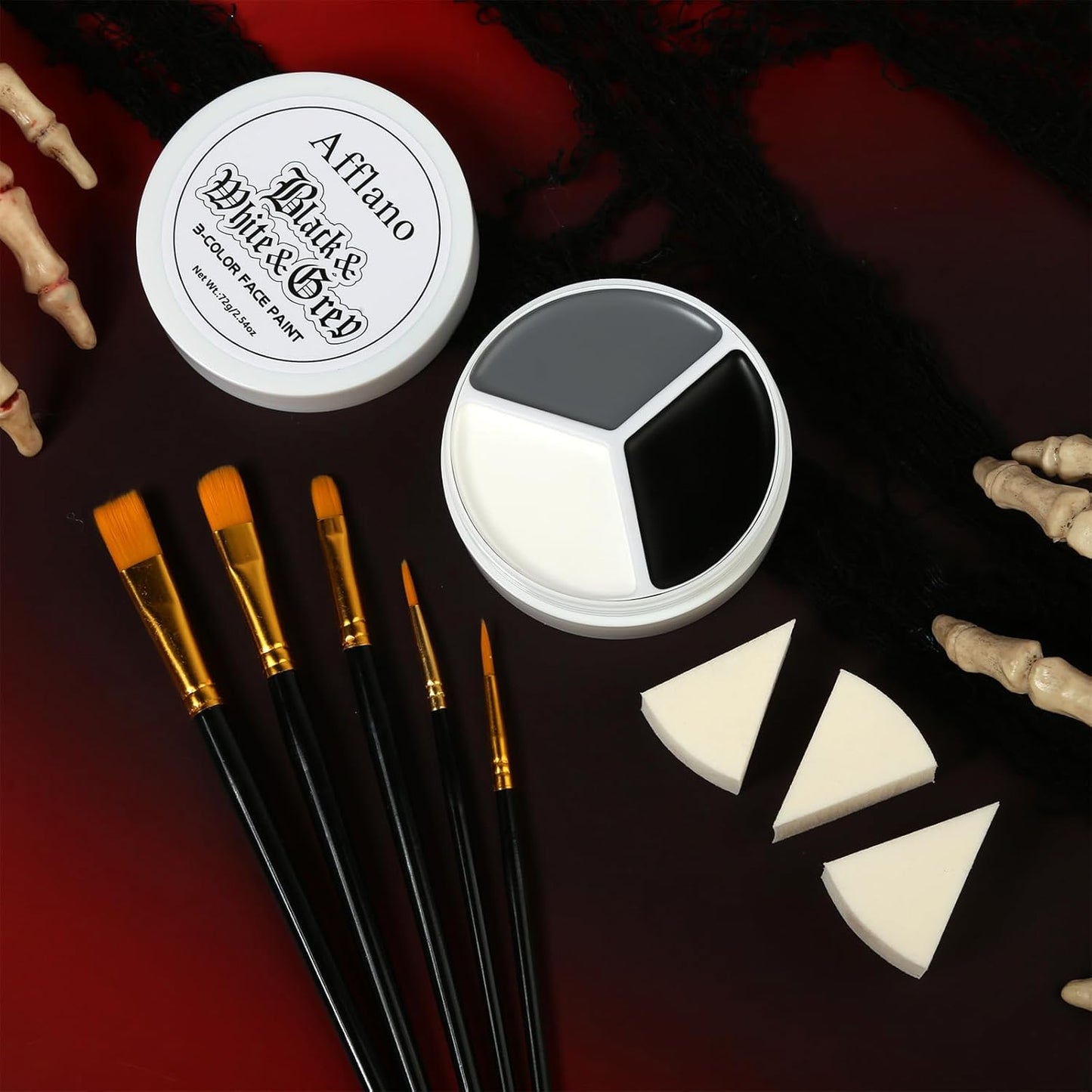 Black White Grey Face Body Paint, Halloween Ghost Skeleton Makeup Kit (3 Sponges + 5 Brushes), 9 Pcs Oil Based Full Coverage Smooth Face Painting Kit for Halloween SFX Clown Costume, Skull, Cosplay