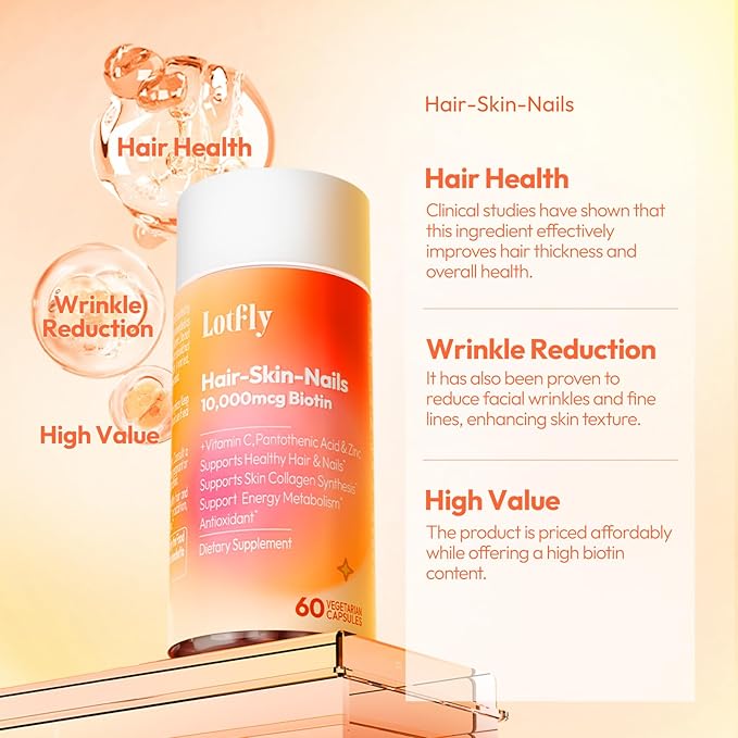 Biotin 10000 mcg with Zinc, Vitamin C & Calcium Pantothenate – Supports Healthy Hair Growth, Strong Nails & Glowing Skin for Women & Men | Made in The USA | 60 Vegan Capsules (60-Day Supply)