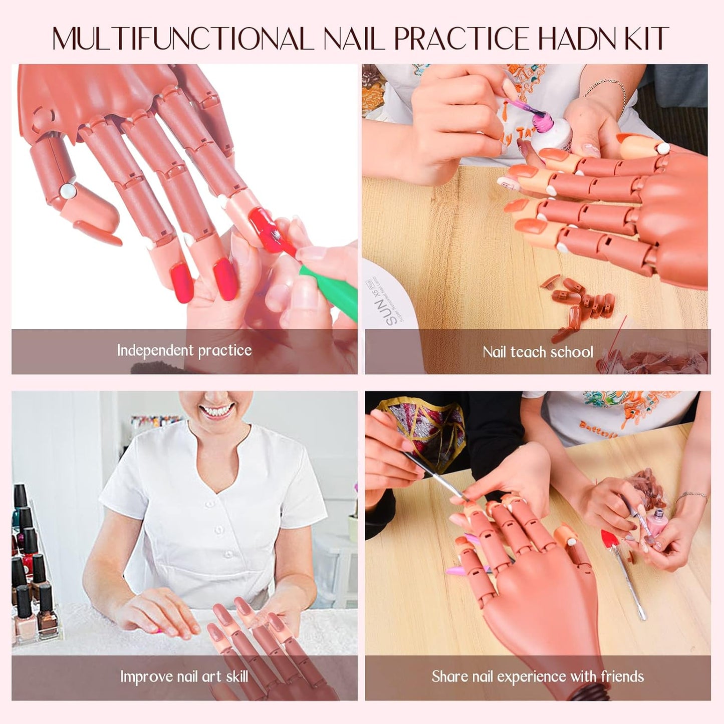 Saviland Practice Hand for Acrylic Nails, Flexible Moveable Fake Hands, Manicure Trainng Hand Nail Kit for Beginners, Movable Nail Maniquin Hand with 200PCS Nail Tips, Nail Glues, Brush and Clipper