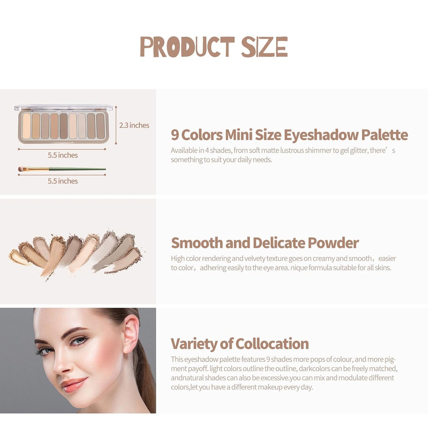 9 Colors Matte Eyeshadow Palette, High Pigmented Natural Nude Eye Shadow Makeup Palette Ultra-Blendable, Long Lasting Eyeshadow Pallete with 3 Eyeshadow Brush for Women