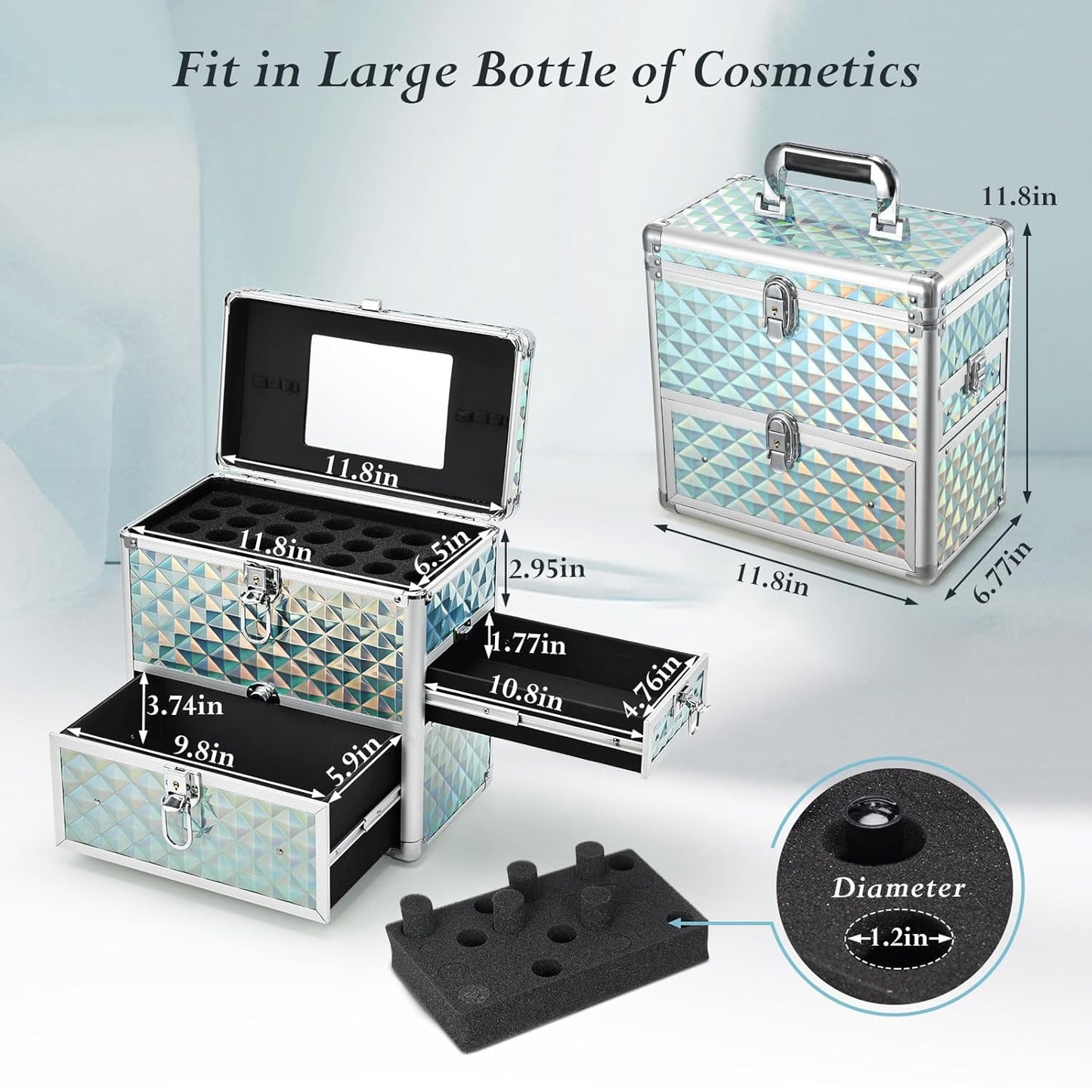 FRENESSA Extra Large Makeup Organizer with Drawer, Mirror, Dividers, Travel Nail Art Case - Watery Blue
