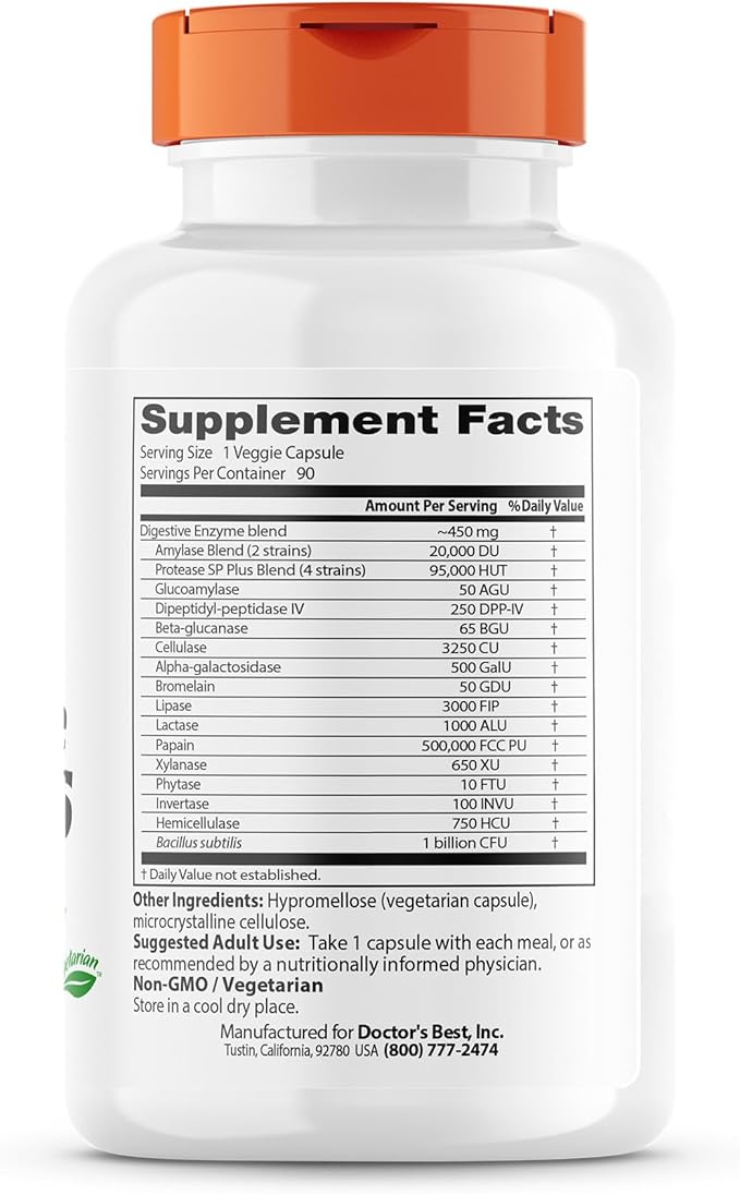 Doctor's Best Digestive Enzymes, Support Healthy Digestion, Optimal Intestinal Health, Non-GMO, Vegetarian 90VC