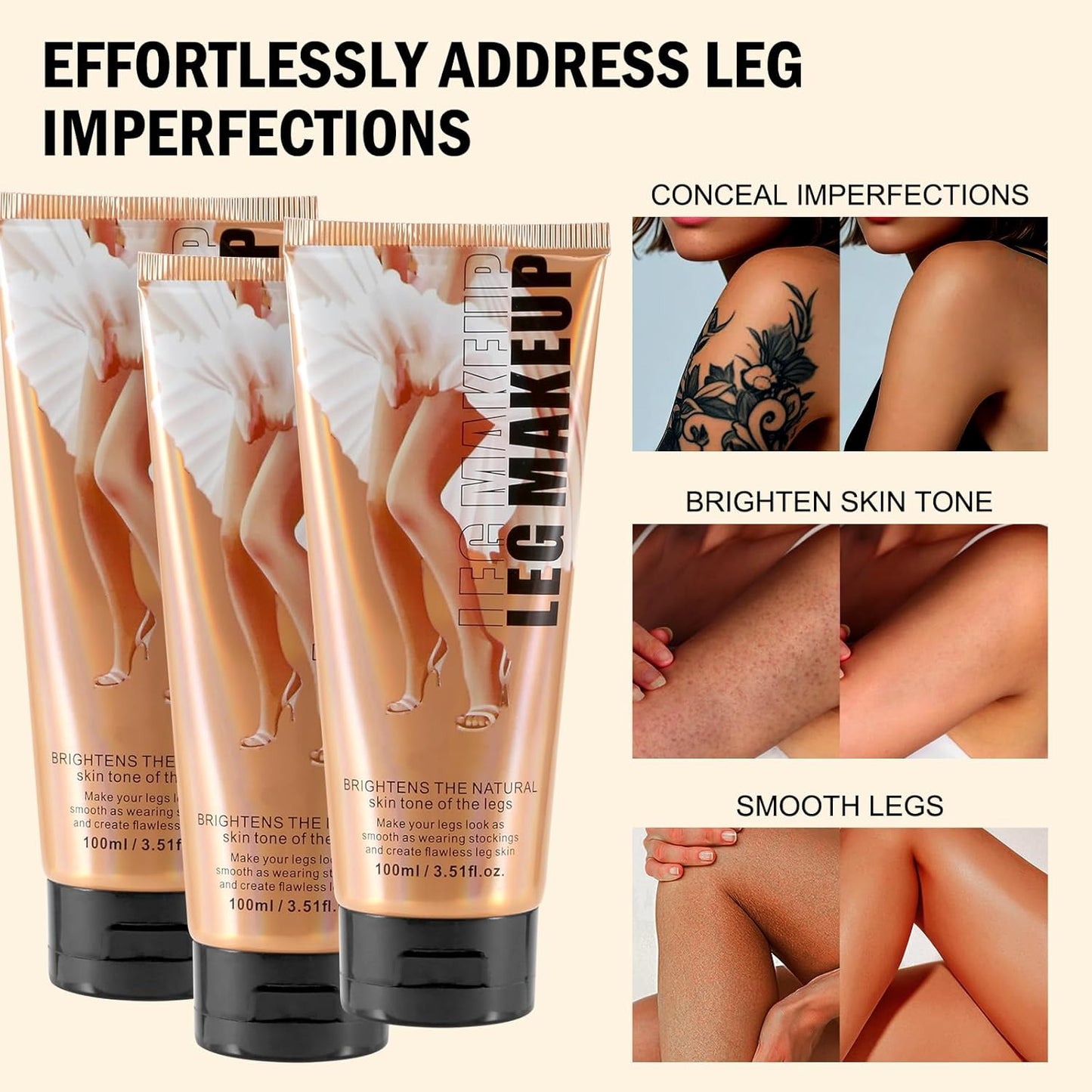 Boobeen Waterproof Leg Makeup Cream, No Transfer Body Concealer, 24-Hour Long-Lasting and Easy to Apply, Smooth & Light Effect for All Skin Tones