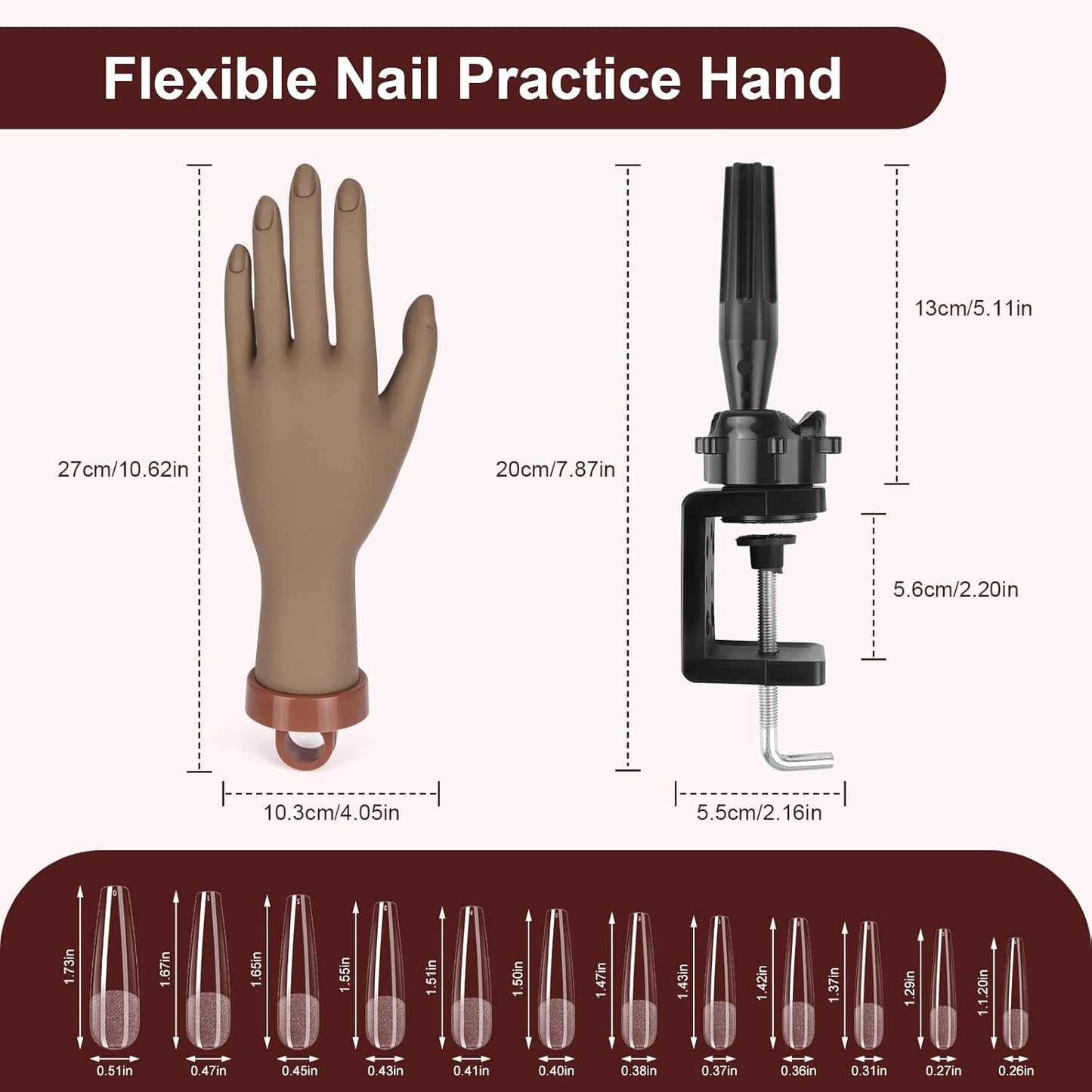 LIONVISON Practice Hand for Acrylic Nails,Flexible Mannequin Hand Model for Nails, Rubber Fake Training Manicure Hands with 240Pcs Ballerina Nail Tips, Brown