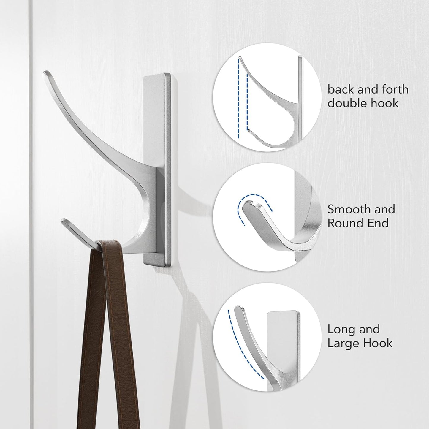 pickpiff Stick on Hooks for Hanging, Extra Sticky 6KG (Max), Coat Hook on Door for Towel Coat Hat Key, Self Adhesive Hangers Wall Mounted, Silver, 6 Pack