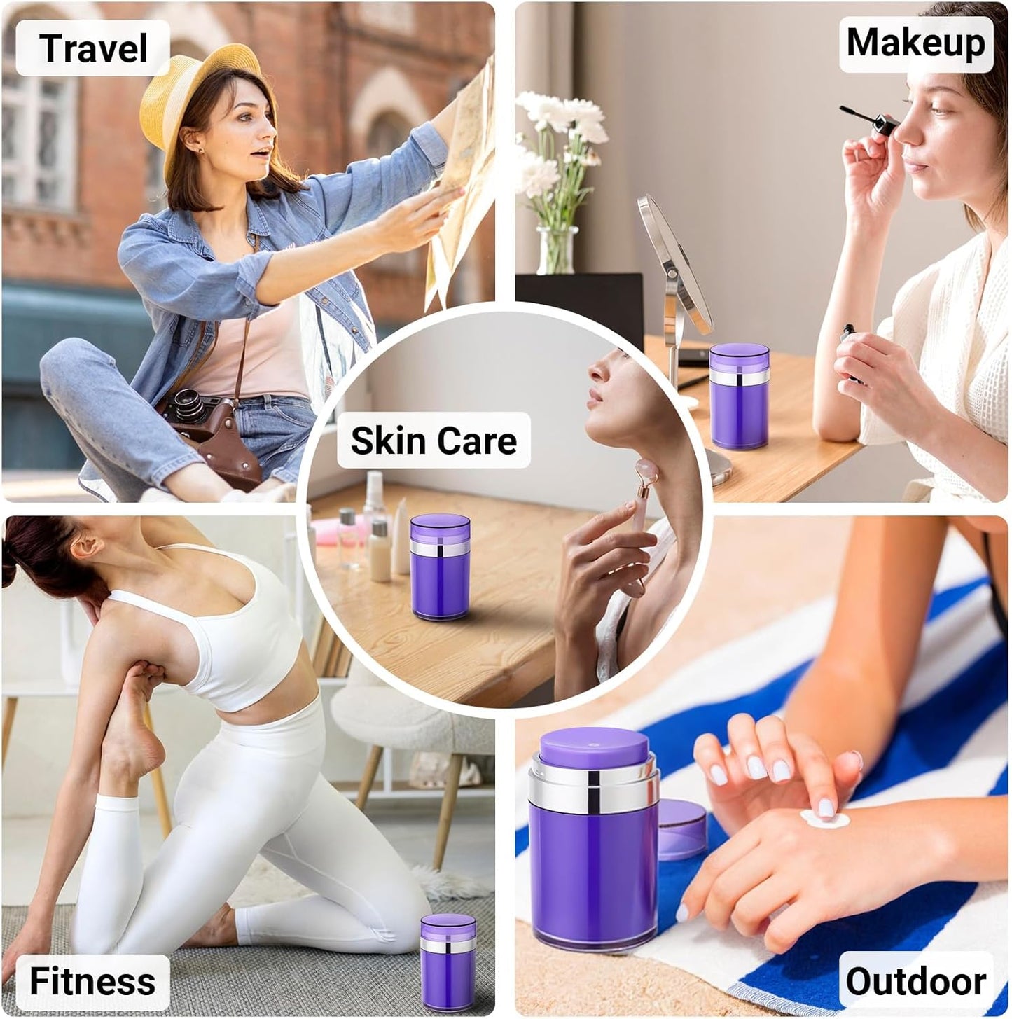 Segbeauty Airless Jar 3.4oz Travel Bottles for Toiletries, 3pcs Empty Travel Containers for Creams, 100ml Purple Refillable Lotion Jars Set, Plastic Vacuum Liquids Containers with Pump for Skincare