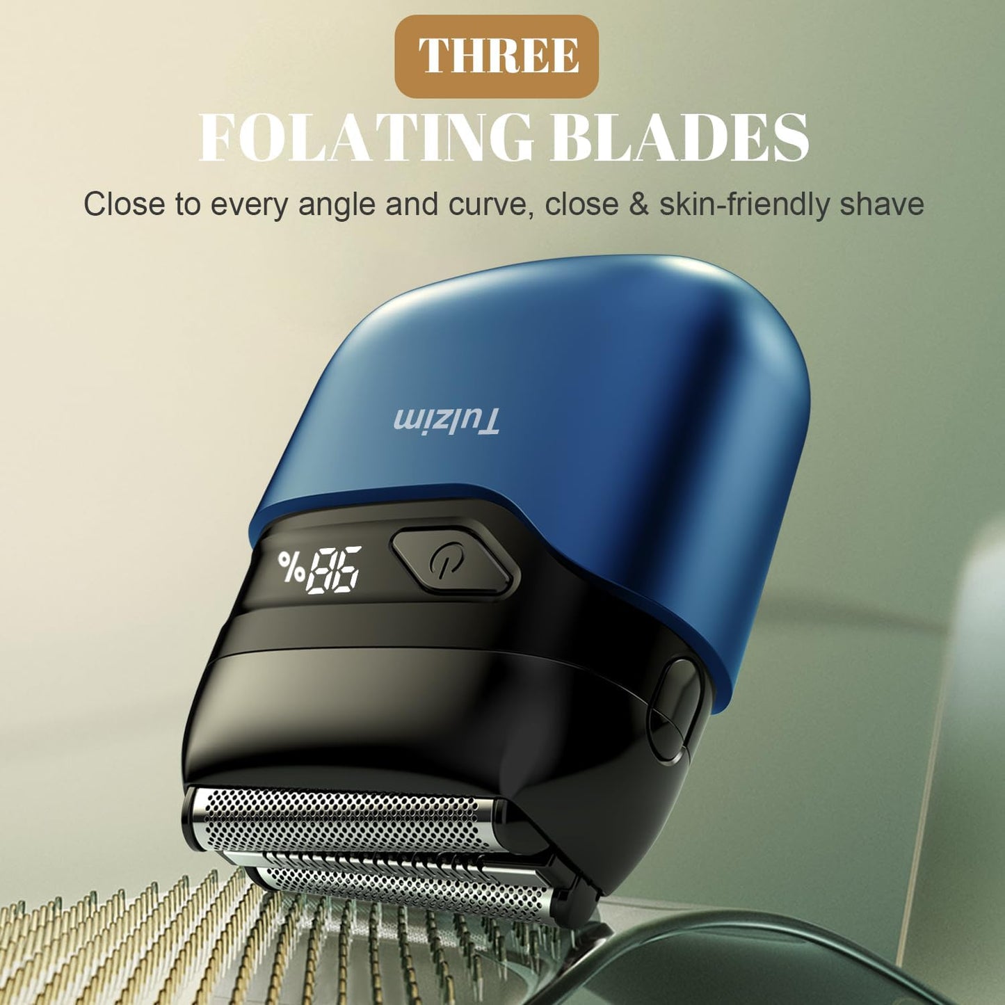 Electric Foil Shaver for Men: Portable Electric Razor for Beard/Face - 3 Floating Blade LED Display USB-C Fast Rechargeable - IPX7 Waterproof for Travel & Home - Blue