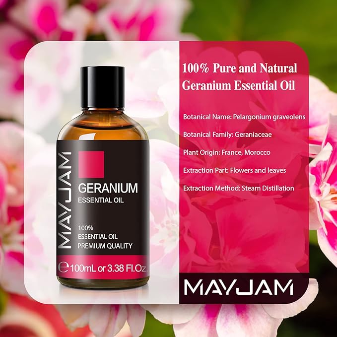 Geranium Essential Oil, MAYJAM Pure Essential Oils for Diffusers, Massage, Geranium Oil for Soap Candle Making, Huge 3.38FL.OZ Bottle
