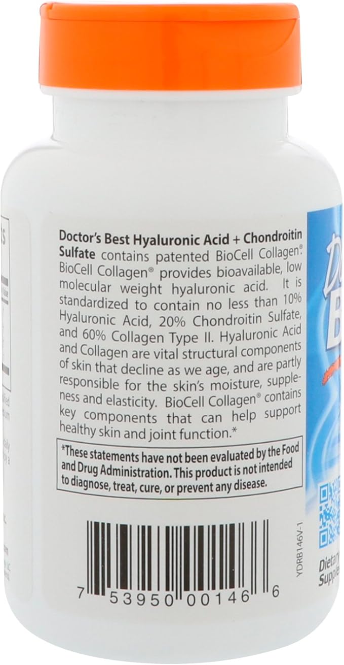 Doctors Best Hyaluronic Acid+ Chondroitin Sulfate, Supports Joint & Skin Health, Non-GMO, Gluten Free, Soy Free 60 Veggie Capsules
