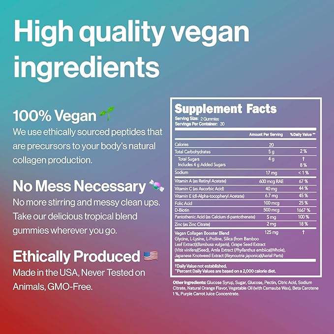 Vegan Beauty Support Gummies Collagen Booster with Biotin, Vitamin C, A, E, Folic Acid, and More - 60 Gummies - Plastic-Free Tin - Made with Natural Ingredients