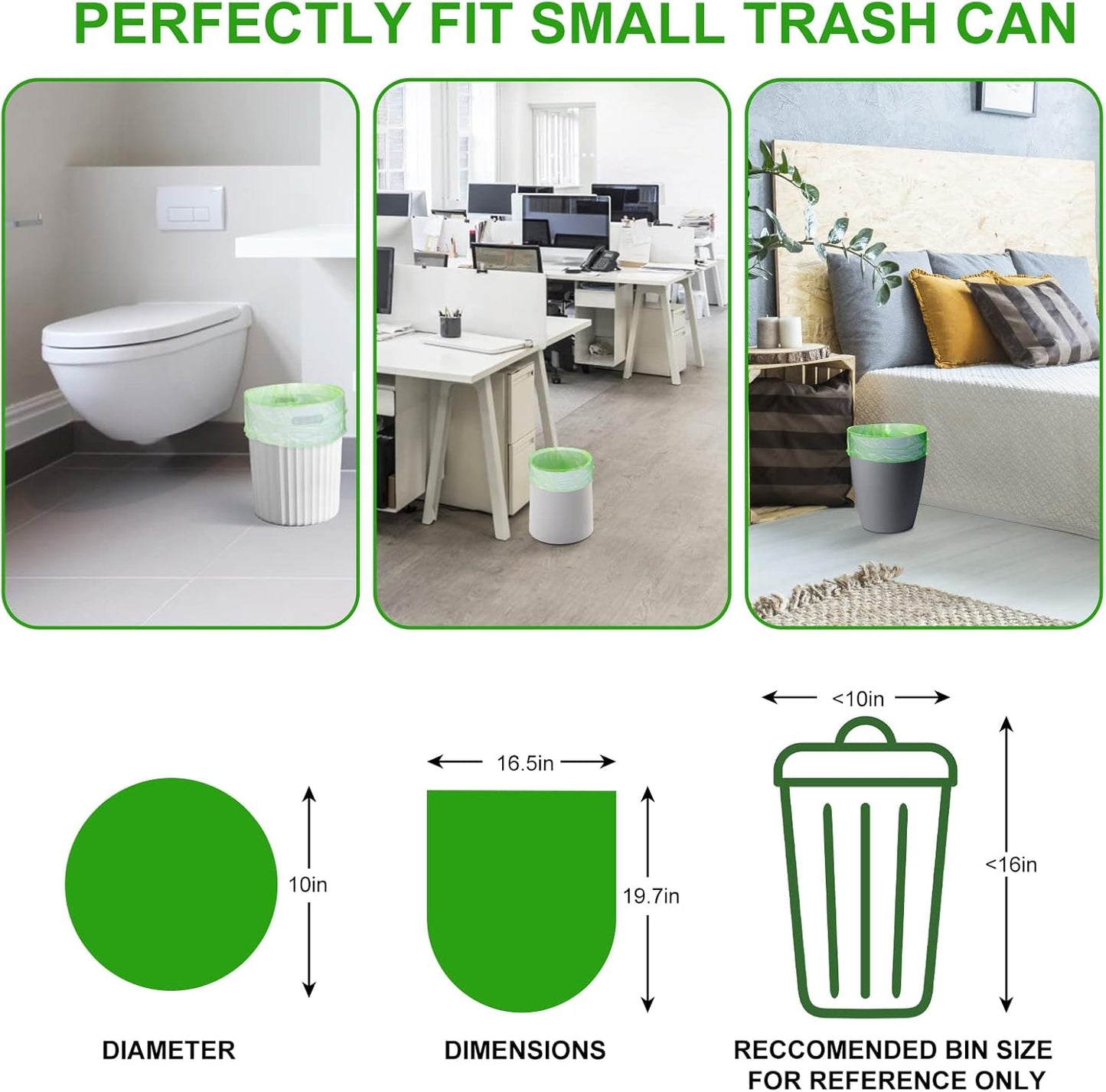 Inwaysin 200 Count 2.6 Gallon Plant Starch Based Bathroom Trash Bags, Strong, Unscented, Expanded, Green, 10L