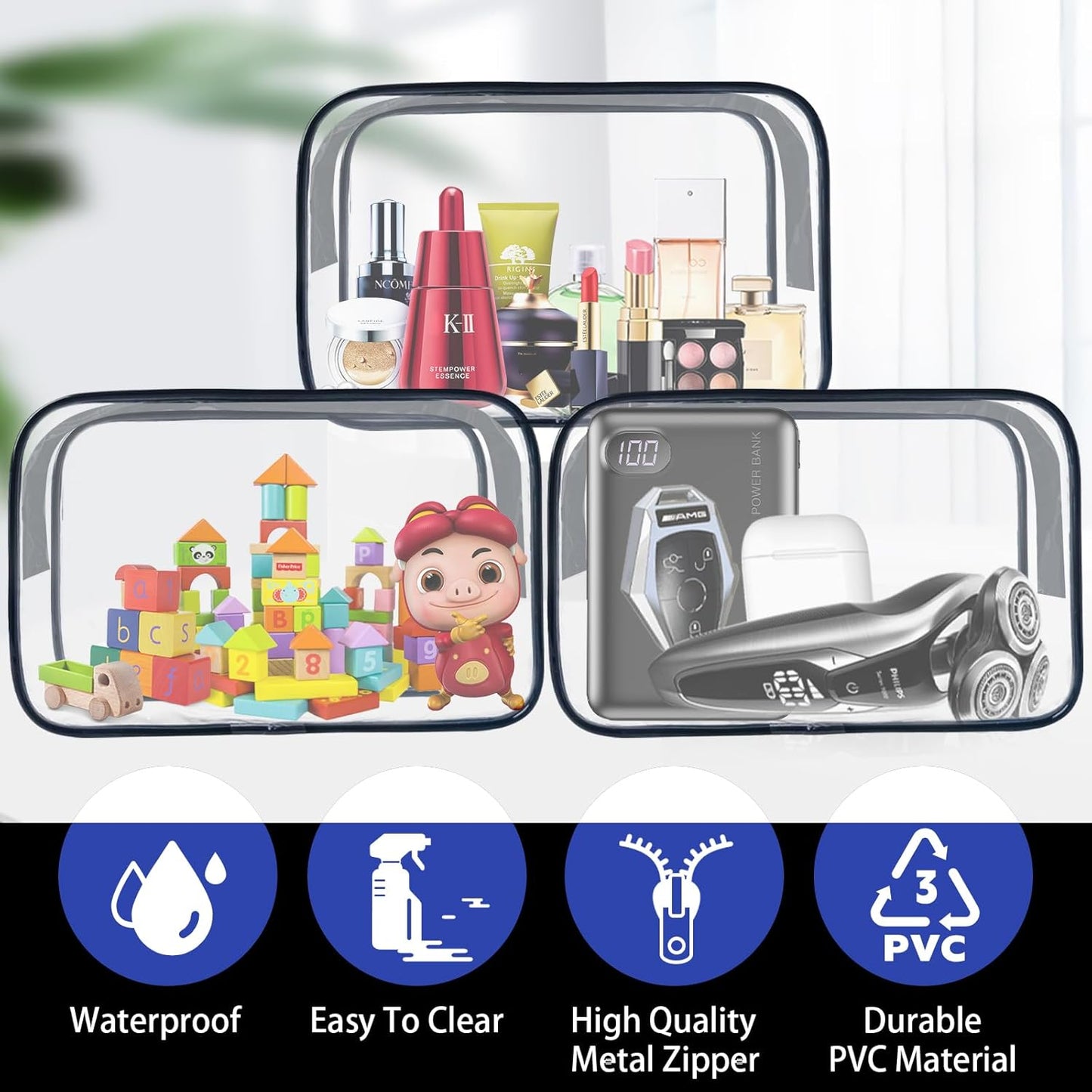 16 Pack Waterproof Cosmetic Bag TSA Approved Toiletry Bag, Portable Travel Pouch with Zipper, Vinyl Plastic Organizer Storage for Men and Women (Black-L)