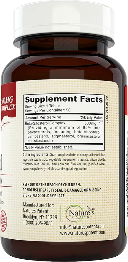 Nature's Potent Beta Sitosterol (500 Mg) Prostate Supplement for Men - Supports Frequent Urination, Prostate Health & Healthy Cholesterol Levels 90 (Tablets)