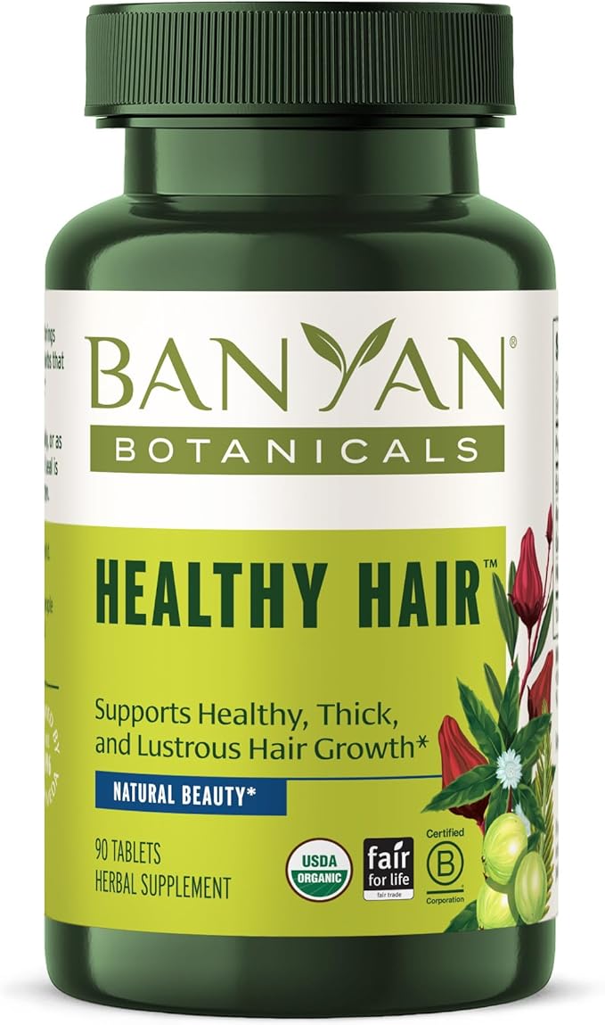 Banyan Botanicals Healthy Hair Tablets – Organic Hair Supplement with Amla & Bhringaraj – Ayurvedic Hair Care for Healthy, Thick & Lustrous Hair* – 90 Tablets – Non GMO Sustainably Sourced Vegan