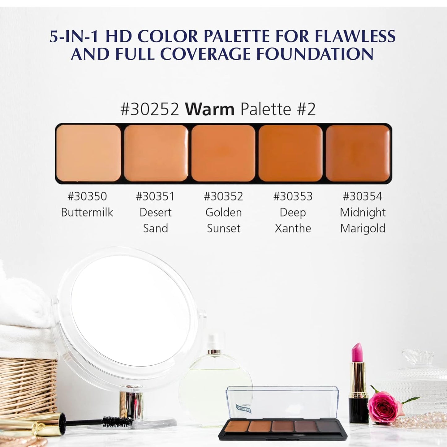 Graftobian HD Glamour Crème Foundation Palette (Warm #3) - High Definition 5 Color Makeup Palette, Cream Based Foundation Concealer and Contour Palette, Full Coverage - Medium/Dark Warm Skin Shades